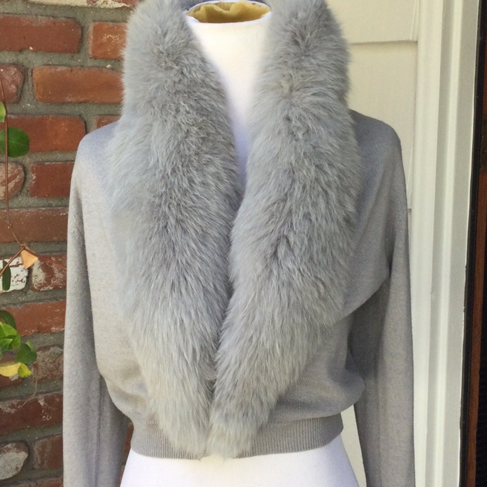 Vintage Harrison Morgan Silk/Cashmere Cardigan with removable pale gray Fox Fur.